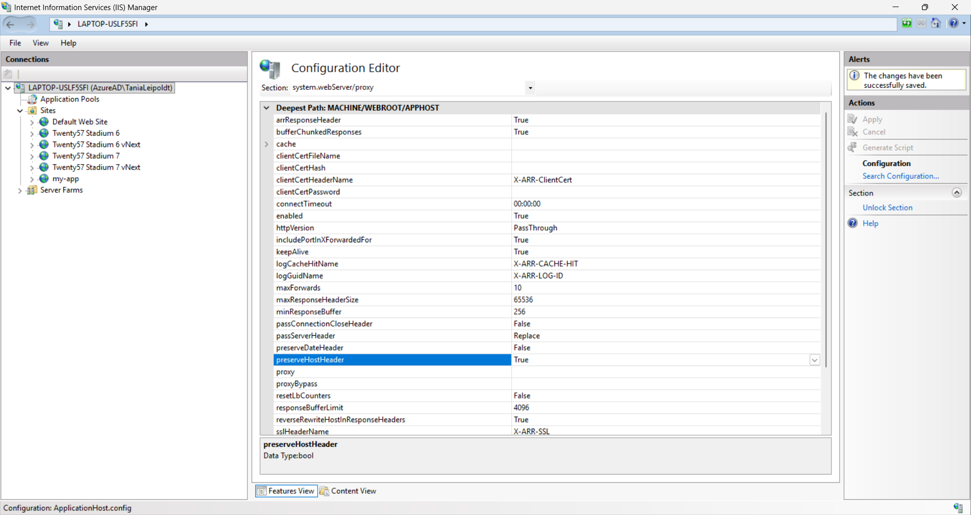 Configuration Editor showing preserveHostHeader set to True
