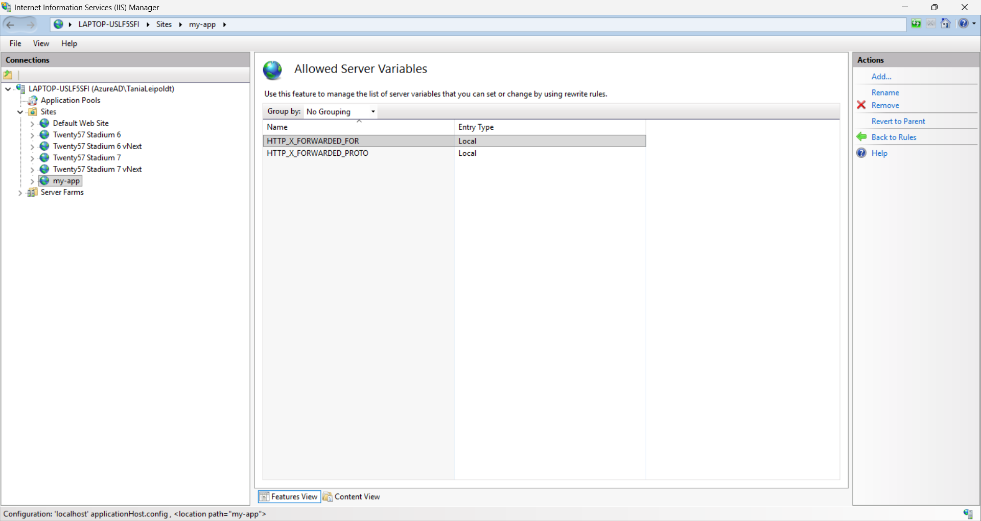 The URL Rewrite Allowed Server Variables list with the two forwarded headers added